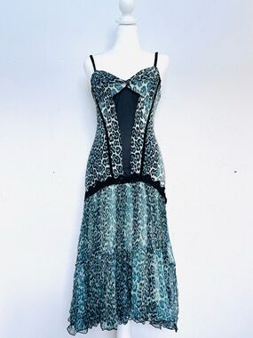 Women’s Teal Leopard Print Midi Dress with Black Trim